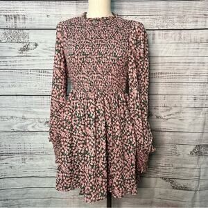 Lulus Medium Smocked Floral Dress Green Pink Long‎ Sleeve Skater Dress Derby